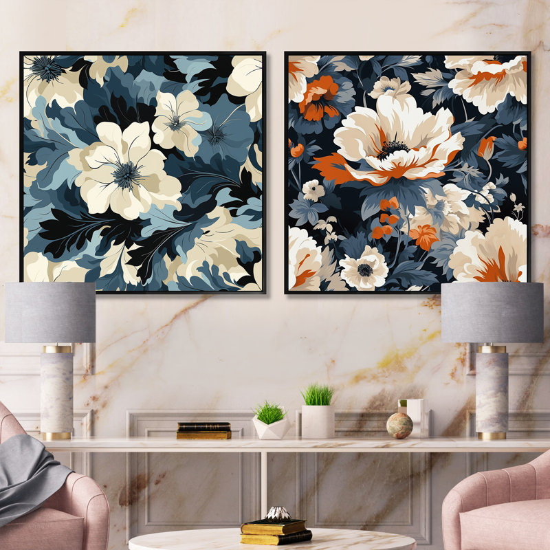 Floral Tropical Tranquility Vibes IV - Ensemble de 2 collages floraux carrés, Cadre flottant noir, H 16 po x l 33 po