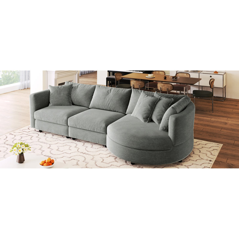 Canapés courbés pour trois personnes pour un appartement - Matériau, rembourrage, coussins amovibles, salle d'étude avec structure en bois: 3 avec coussins amovibles. Structure haute mousse. Tissu chenille,. Gris. Pour le salon,