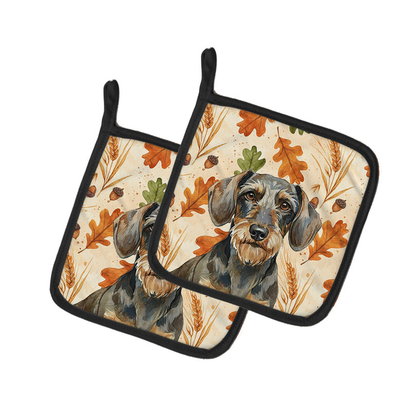 Wirehaired Wild Boar Dachshund Heirloom Fall Pair of Pot Holders