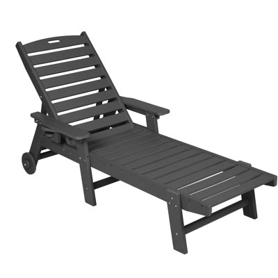 Lounge Chair Outdoor with Wood Texture, Oversized Chaise Lounge Chair with 5 Positions, HDPE, Patio Lounge Chair with Wheels & Cup Holder for Pool, Deck, Poolside,