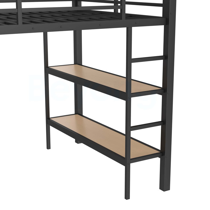 Structure de lit double pleine grandeur avec garde-robe, lit mezzanine en métal avec tablettes de rangement et panneau perforé, noir