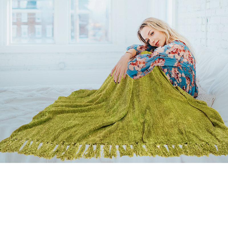 Olive Green Chenille Knit Throw Blanket with Tassel Fringe