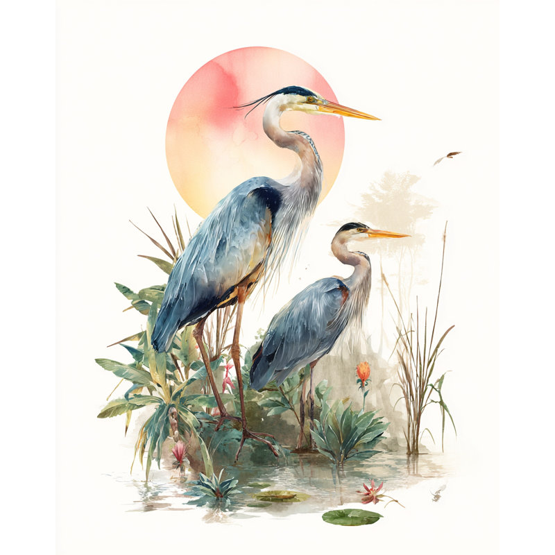 «Blue Herons in Sunset Marsh», art mural sur toile tendue