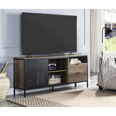 60-Inch Tv Stand In Rustic & Modern Style - Oak And Black Spacious Storage Metal For Living Area Holds Flat Screen