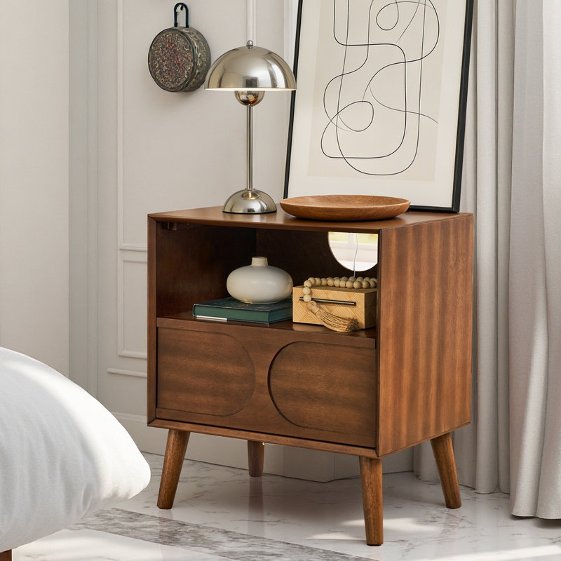 Mid Century Modern Fluted Nightstand With Charging Station, Walnut Finish | Solid Wood Legs & Open Space Design