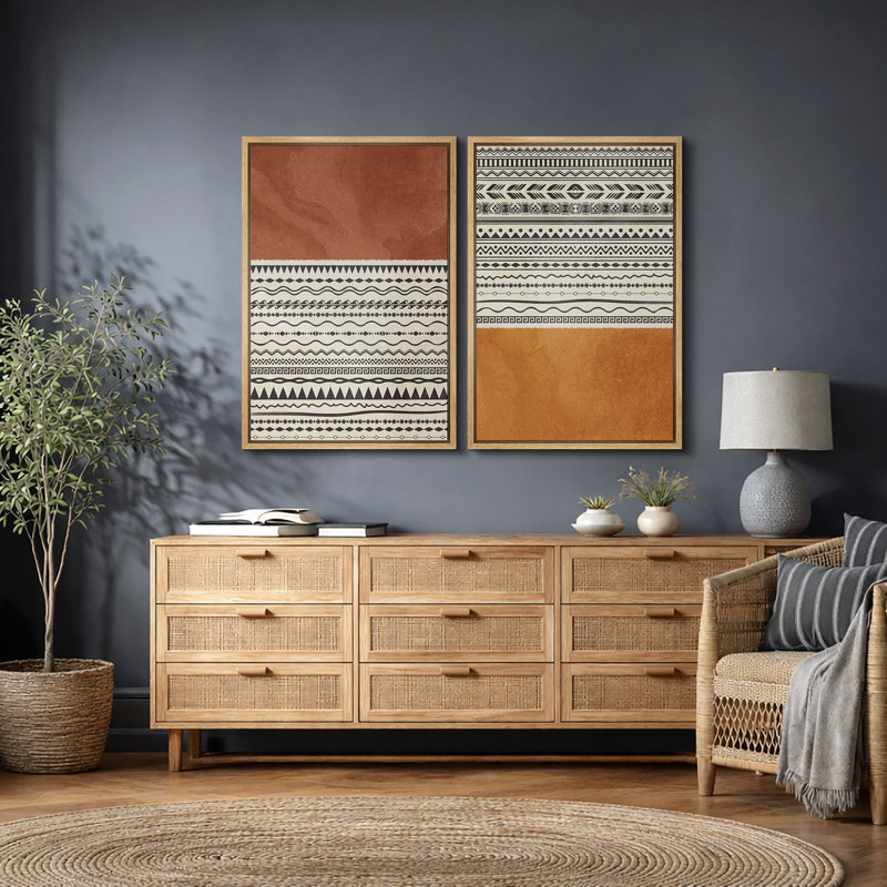 «Geometric Line», «Orange brun Tribal Boho Artwork», images murales bohémiennes abstraites, impression sur toile encadrée, 2 pièces