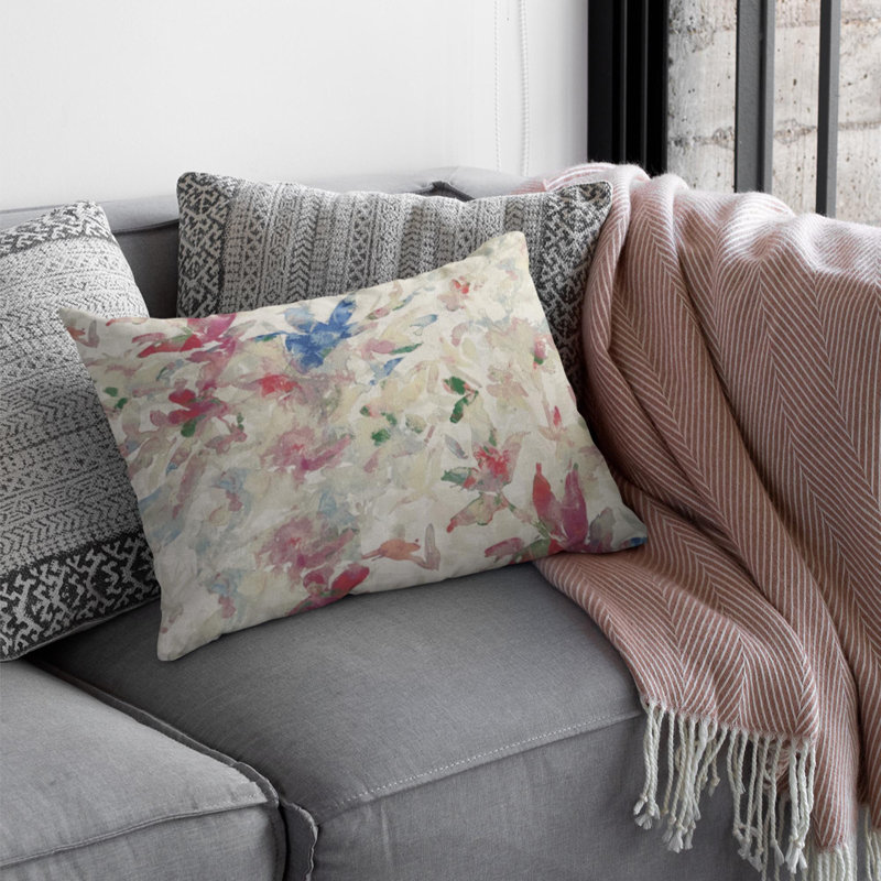 Plutus Beige Red Blue Sunset Garden Floral Luxury Throw Pillow, Rectangle, 12"H x 20"W