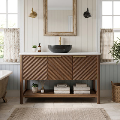 Meuble-lavabo 30 po, meuble de rangement autoportant en contreplaqué avec 2 portes diagonales et tablette ouverte, lavabo en céramique à motif de pierre noire et plateau en pierre frittée blanc de Carrare, grain de bois noyer foncé