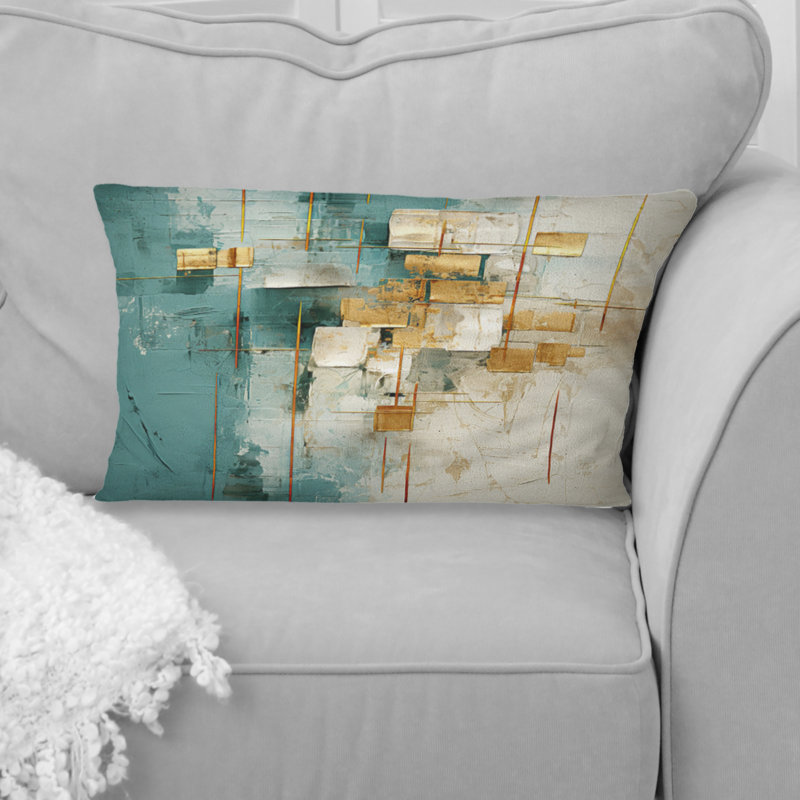 California Sunshine Retro Abstract Gold Teal - Coussin décoratif avec peinture abstraite