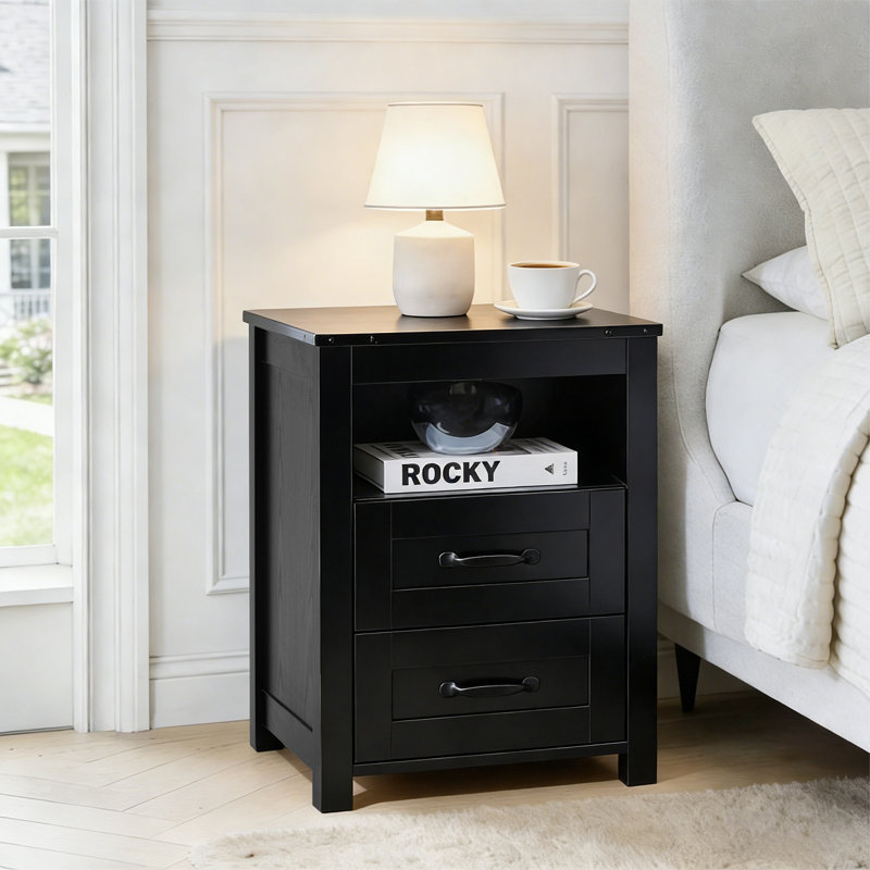 Nightstand with Charging Station,Side Table with 2 Drawers Storage Cabinet for Bedroom, Living Room, Black, 1