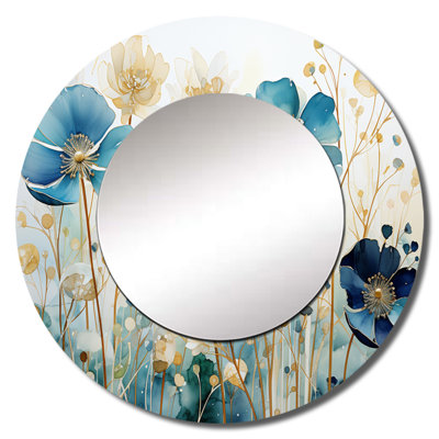 Preslav Blue Botanical Rhythms III - Botanicals Large Mirror, Blue Round Decorative Wall Mirror, Printed Metal Art