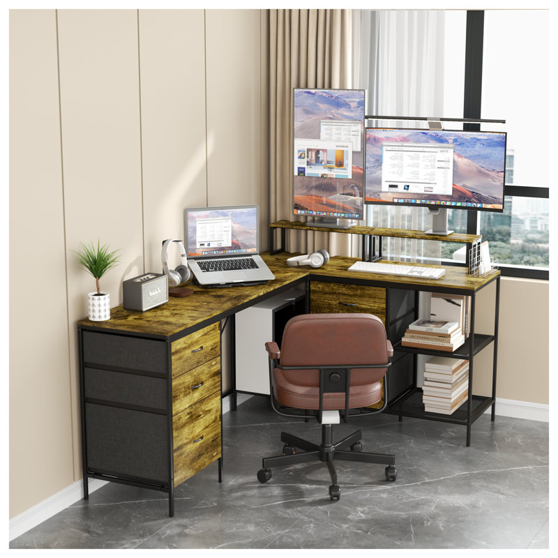 114-Inch L-Shaped Computer Desk with Built-in Power Outlets & USB-C Ports, Industrial Modern Office Workstation in Light Brown Walnut Finish