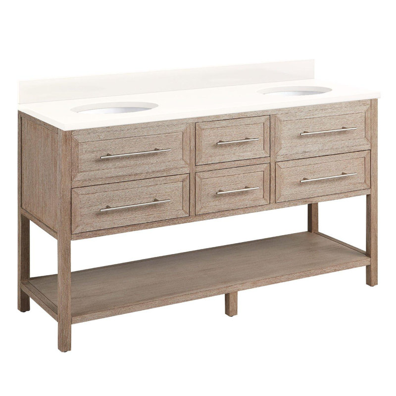 60" Robertson Double Bathroom Vanity Set with Oval Undermount Sinks, 8" Widespread, Arctic White Quartz, Brushed White