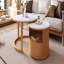 Table basse ronde gigogne avec plateau en marbre blanc, rangement à 2 niveaux et 1 tiroir