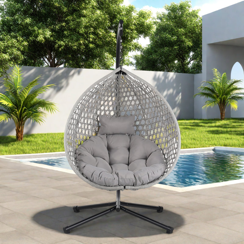 Versatile Hanging Egg Chair With Pe Rattan Hollowed-out Design, Iron Base, A Headrest And Cushion, Gray Cushion/Gray Frame