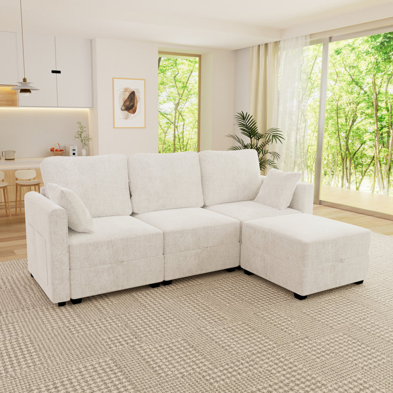 Canapé modulaire en L pour salon, Chenille beige, H 44 po x l 92 po x P 31,1 po