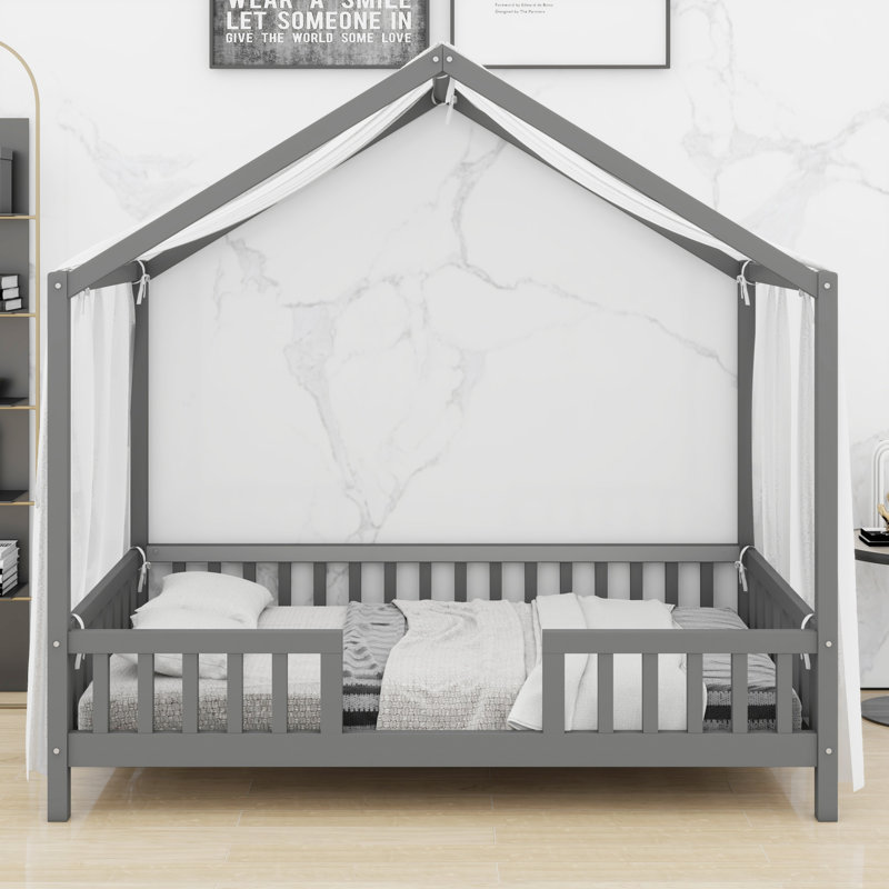 Kids House Shape Bed Frame with Roof, Montessori Floor Bed with Canopy, Twin