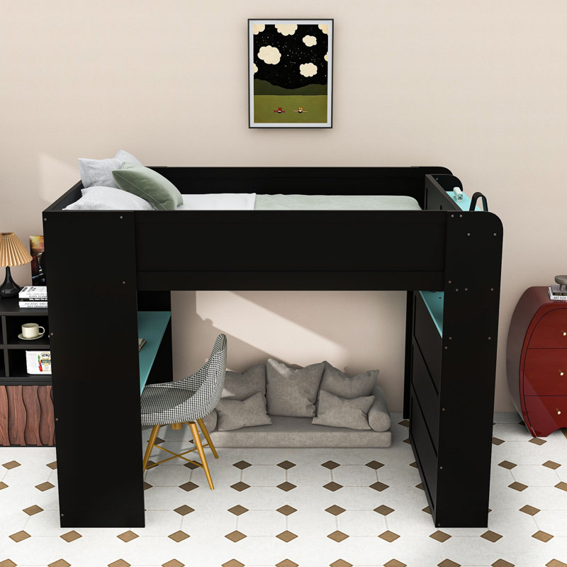 Full Wood Bunk Bed With Desk,Wardrobe And RGB Light, Blue