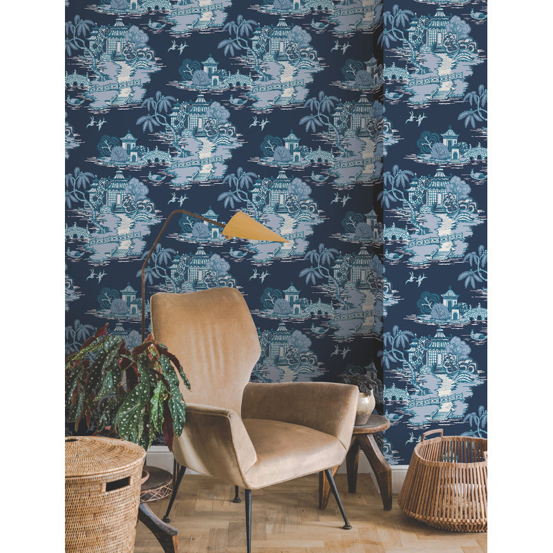 Pagoda And Sampan Scenic Vinyl Wallpaper Roll, Navy