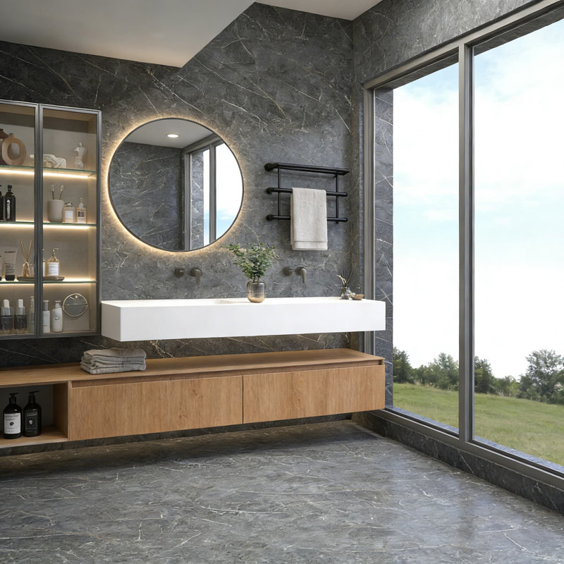 Revêtement de sol en vinyle pelez et collez - Carrelage de sol en PVC imperméable avec finition en marbre gris mat pour la cuisine, la salle de bain, le mur et le comptoir