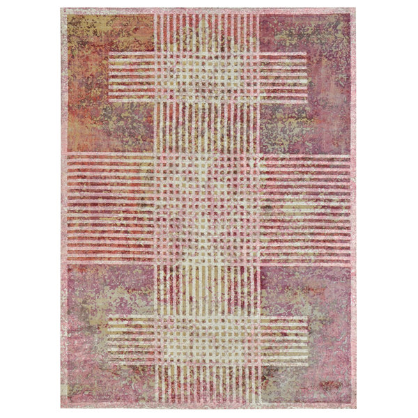 Bokara Rug Co., Inc. Hand-Knotted Plaid Area Rug in Pink/White/Beige