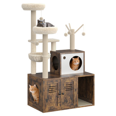 Modern Multi-Level Cat Tree with Hidden Litter Box Cabinet – Wooden Condo Tower for Indoor Cats – Scratching Posts, Hammock, Perch, Cozy Basket – Space-Saving Odor Control Cat Litter Furniture