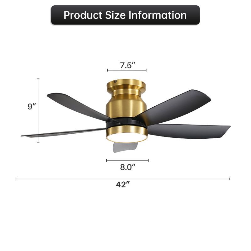 Ventilateur de plafond moderne à 5 pales 42 po Rita avec vitesse de vent réglable à 6 vitesses, Or / lame noire