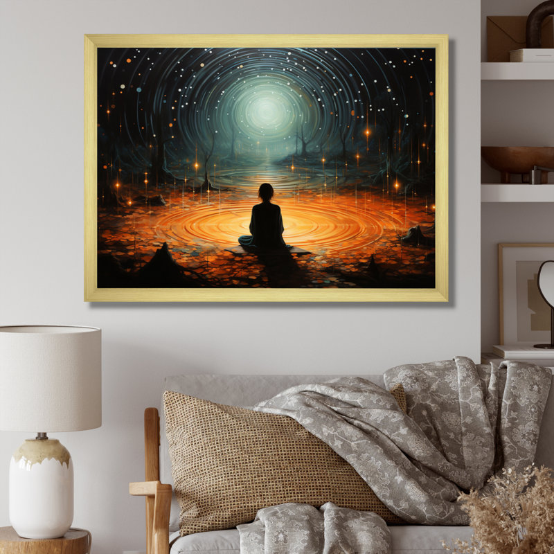 Orange Teal Meditation Stillness Within Pointillism - Spiritual Canvas Wall Art, H 24 po x l 32 po, Encadrement doré