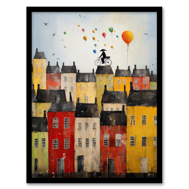 Cycling The Rooftops Celebration Whimsical Fun Townscape - Single Picture Frame Print