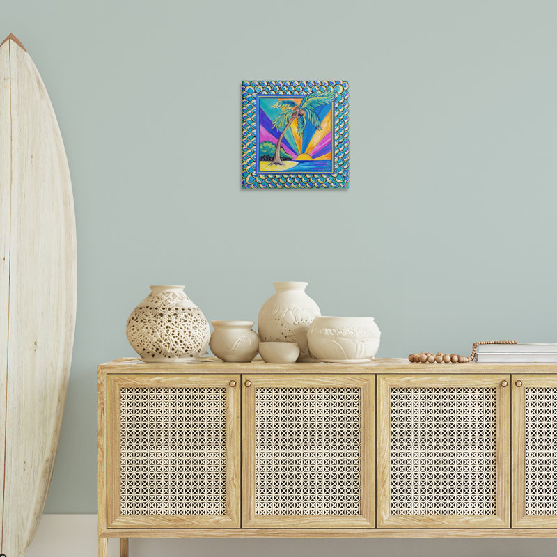 Art mural sur toile Sun Rays & Palm Tree with Border, design par Nettie Price, H 17 po x l 17 po