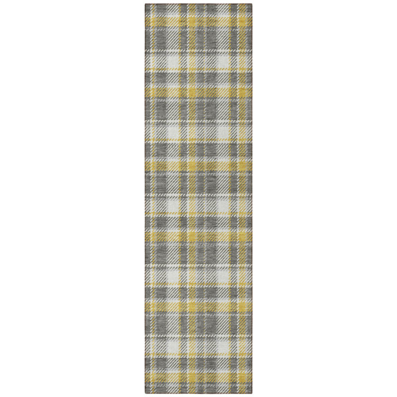8' Runner Gray Yellow and White Plaid Washable Non Skid Indoor Outdoor Runner Rug