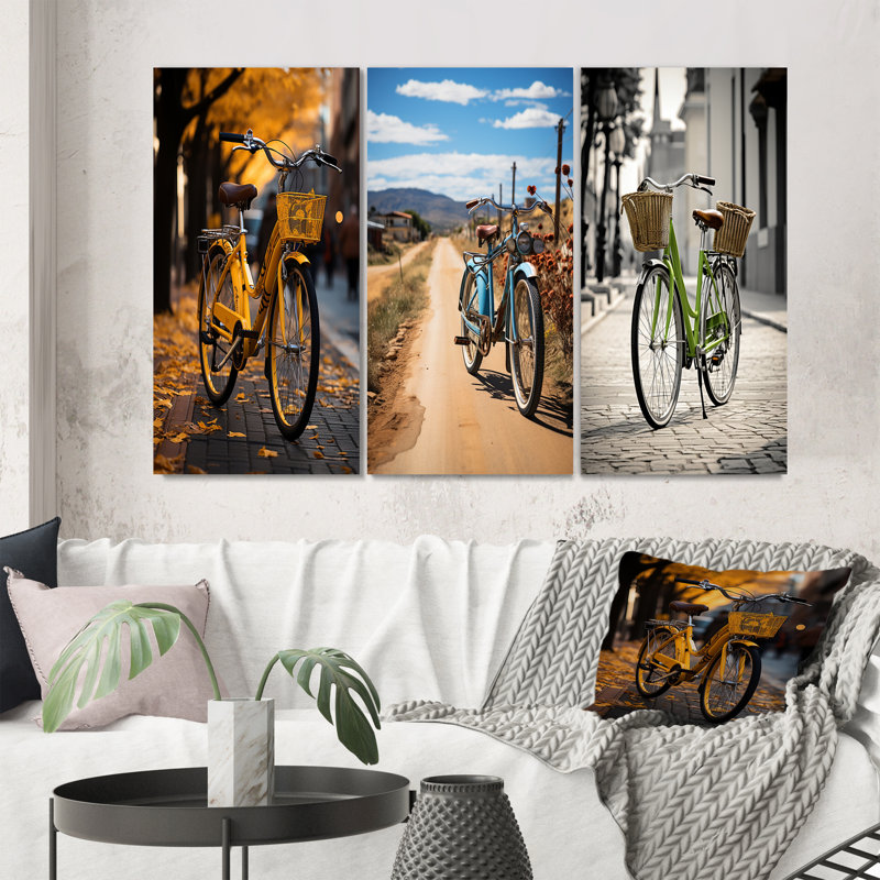 "Vélo urbain" 3 pièces sur toile, Toile tendue, H 40 po x l 60 po