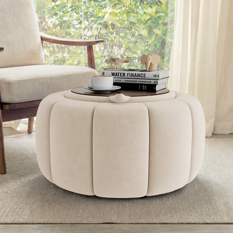 Repose-pieds rond avec rangement 27,2 po, Velours - beige
