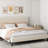 Beige King - Size Bed Frame With Bandaged Headboard Stable Platform, No Squeaking, Quick Bedroom Assembly Metal Structure, Comfortable Platform Bed, Setup