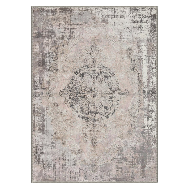 Tapis gris / rose délavé à la machine Combs Modern, Rectangle 9 pi x 12 pi