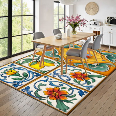10x14 Mexican Area Rugs for Bedroom Floral Lemon Ceramic Mediterranean Orange Blue Boho Washable Rug for Living Room Carpet for Dining Room Soft Rubber Backed Non-Slip Carpets for Nursery Office
