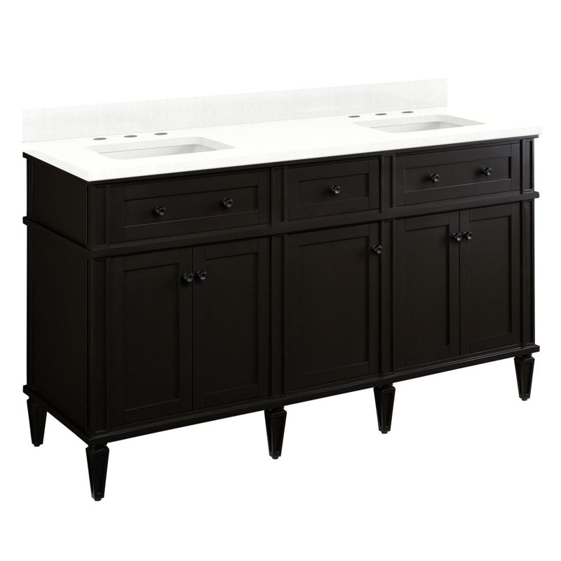 Elmdale 60" Freestanding Mahogany Double Vanity Rectangular Undermount Sink - Single Faucet Holes, Feathered White Quartz