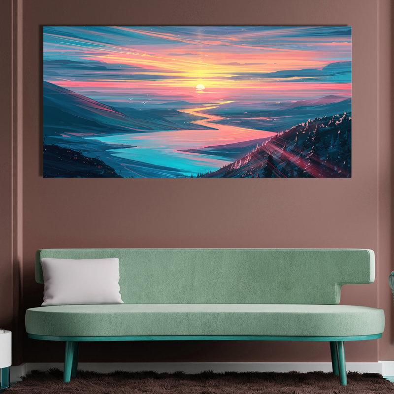 Coucher de soleil sur une rivière, H 15 po x l 30 po x P 1,5 po, Papier