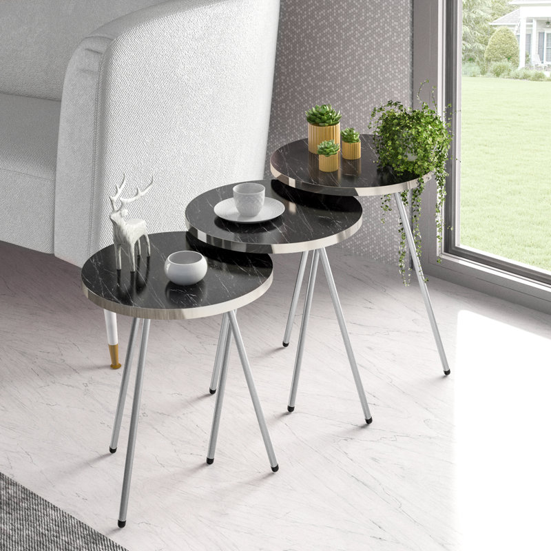 Ensemble de tables basses 3 pièces Etholle, Noir / argent