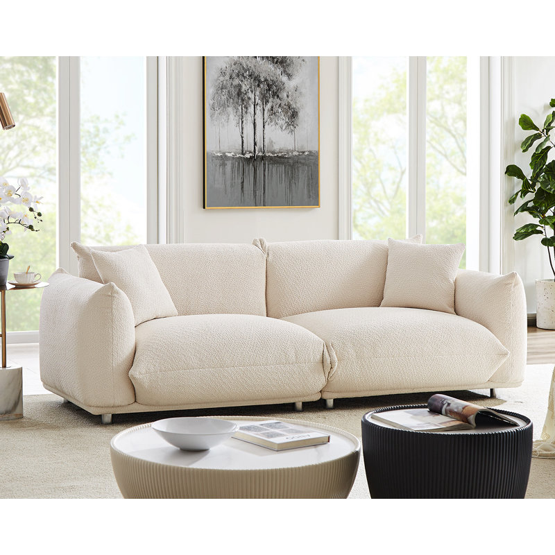 85.8" Mid-Century Modern Upholstered Sofa, White