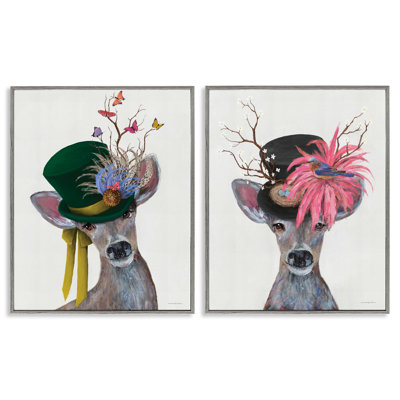 Dapper Deer Floral Top Hat 2 PC Framed Giclee Art Set by Kamdon Kreations