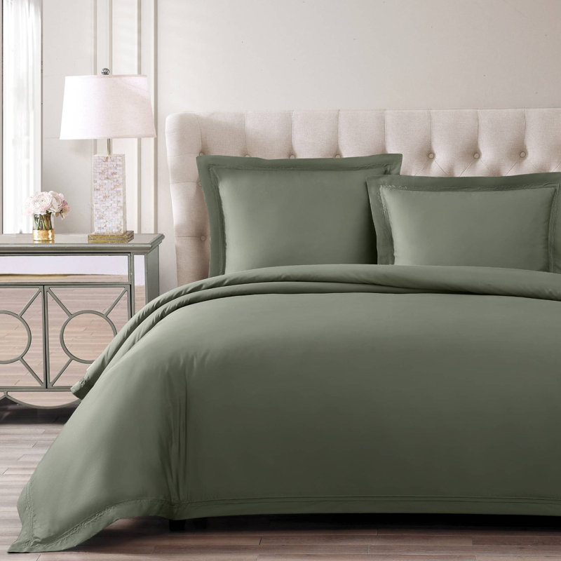 Yalda Egyptian Certified Cotton Modern 3 Piece Duvet Cover Set, Queen Duvet Cover + 2 Standard Shams, Green