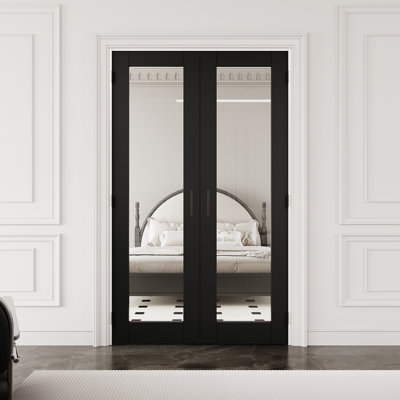 48" x 80" 1-Lite Black Clear Glass Interior French Door with Black Hardware & Ball Catch & Handle, Tempered Glass Door Slab with Satefy, Sound-Dampening & Waterproof, Suit for Laundry, Closet Doors, Room Doors, Assembly Required