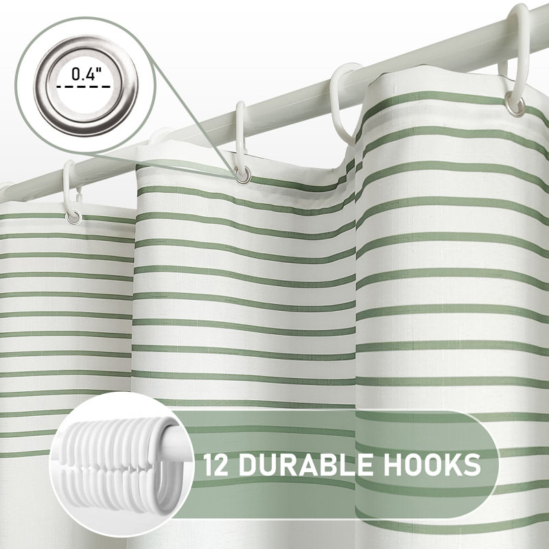 Sage Green and White Striped Fabric Shower Curtain with Pompoms