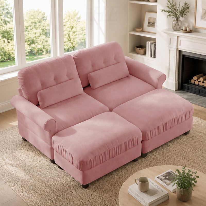 Canapé d'angle modulable deux places en chenille avec 2 poufs, coussin d'assise à bord volanté, accoudoirs arrondis et coussins lombaires, assise moelleuse et confortable pour appartement, salon, salon, rose