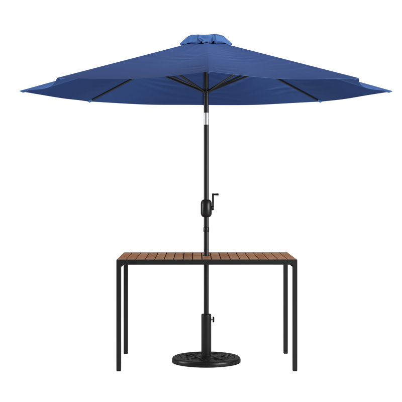Saville Black Steel Framed 30" x 48" Faux Teak Patio Table-Tan 9FT Patio Umbrella-Base, Navy Umbrella