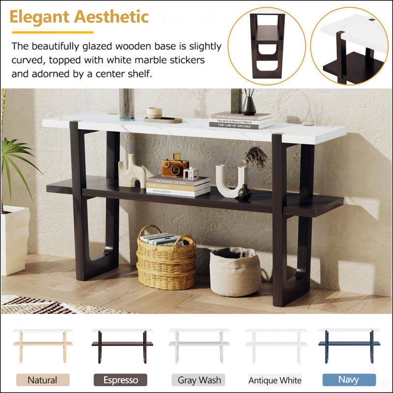 Espresso Wood Console Table with Marble-Effect Top and Storage Shelf