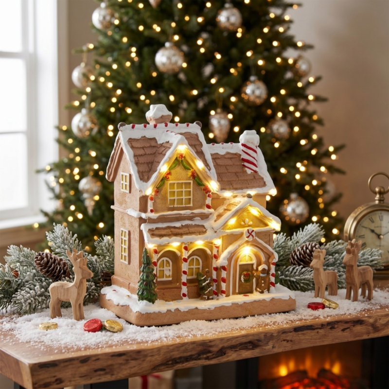 Light and Music Gingerbread House Christmas Decoration, Indoor Tabletop Home Mantel Holiday Display, Gingerbread House with Built in Lights and Christmas Music