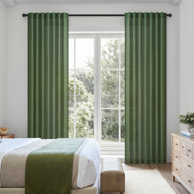 Rideau en lin avec passe-tringle Dennan, rideaux semi-transparents en lin pour la chambre à coucher, Vert olive