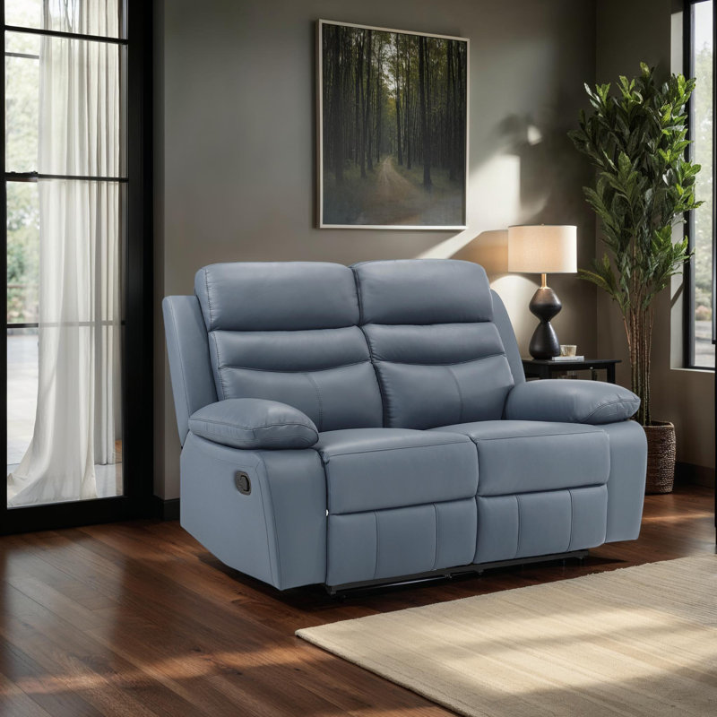 Causeuse inclinable manuelle en cuir fleur de qualité supérieure moderne de 64 po avec accoudoirs moelleux Kaniel, Bleu